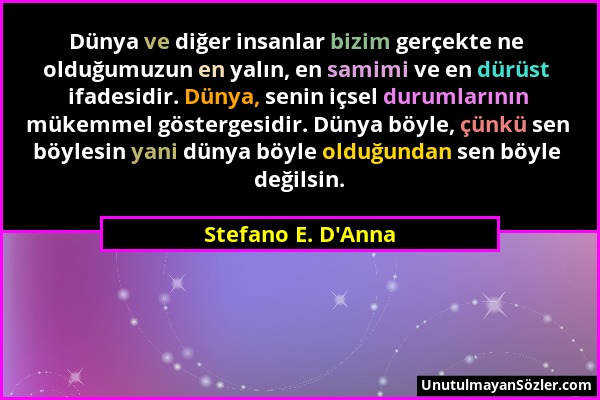 Stefano E. D'Anna - Dünya ve diğer insanlar bizim gerçekte ne olduğumuzun en yalın, en samimi ve en dürüst ifadesidir. Dünya, senin içsel durumlarının...