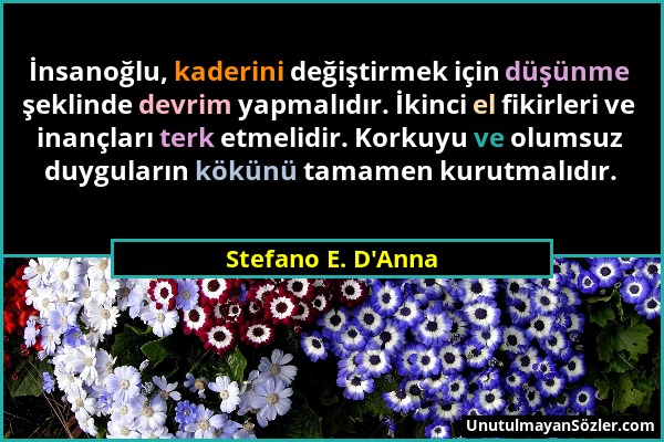 Stefano E. D'Anna - İnsanoğlu, kaderini değiştirmek için düşünme şeklinde devrim yapmalıdır. İkinci el fikirleri ve inançları terk etmelidir. Korkuyu...