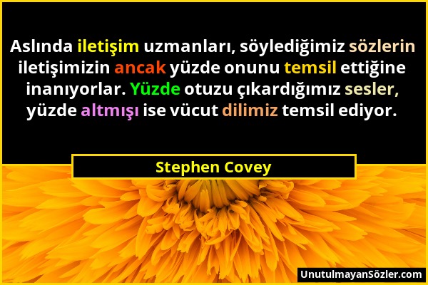 Stephen Covey - Aslında iletişim uzmanları, söylediğimiz sözlerin iletişimizin ancak yüzde onunu temsil ettiğine inanıyorlar. Yüzde otuzu çıkardığımız...