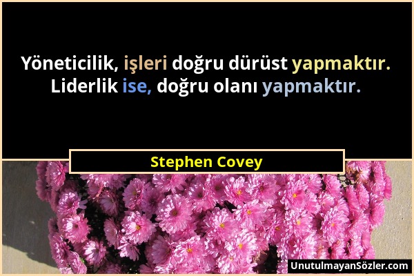 Stephen Covey - Yöneticilik, işleri doğru dürüst yapmaktır. Liderlik ise, doğru olanı yapmaktır....