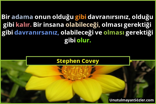 Stephen Covey - Bir adama onun olduğu gibi davranırsınız, olduğu gibi kalır. Bir insana olabileceği, olması gerektiği gibi davranırsanız, olabileceği...