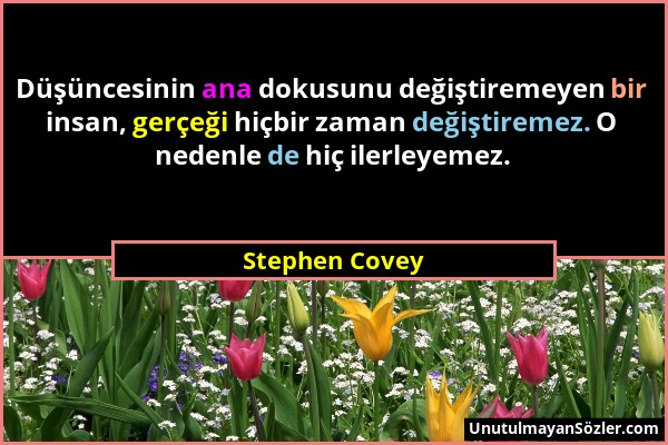 Stephen Covey - Düşüncesinin ana dokusunu değiştiremeyen bir insan, gerçeği hiçbir zaman değiştiremez. O nedenle de hiç ilerleyemez....