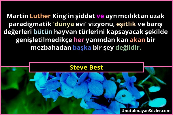 Steve Best - Martin Luther King'in şiddet ve ayrımcılıktan uzak paradigmatik 'dünya evi' vizyonu, eşitlik ve barış değerleri bütün hayvan türlerini ka...