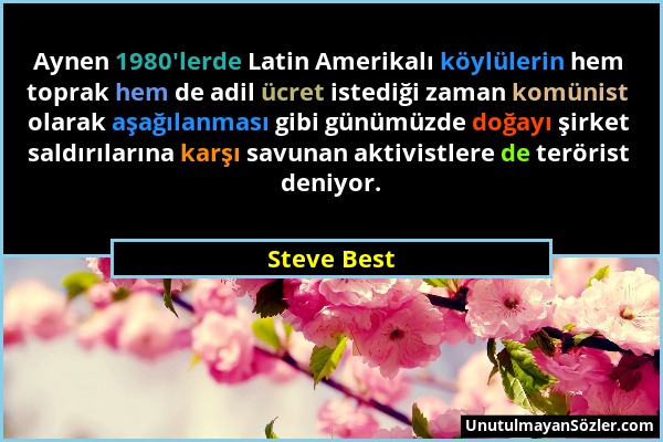 Steve Best - Aynen 1980'lerde Latin Amerikalı köylülerin hem toprak hem de adil ücret istediği zaman komünist olarak aşağılanması gibi günümüzde doğay...