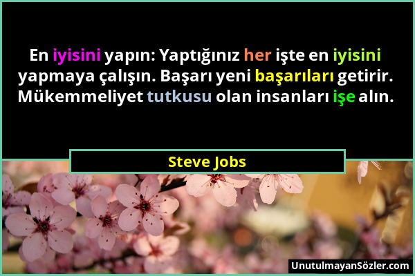 Steve Jobs - En iyisini yapın: Yaptığınız her işte en iyisini yapmaya çalışın. Başarı yeni başarıları getirir. Mükemmeliyet tutkusu olan insanları işe...