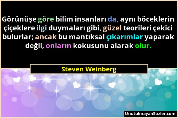 Steven Weinberg - Görünüşe göre bilim insanları da, aynı böceklerin çiçeklere ilgi duymaları gibi, güzel teorileri çekici bulurlar; ancak bu mantıksal...