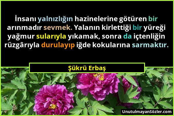 Şükrü Erbaş - İnsanı yalnızlığın hazinelerine götüren bir arınmadır sevmek. Yalanın kirlettiği bir yüreği yağmur sularıyla yıkamak, sonra da içtenliği...