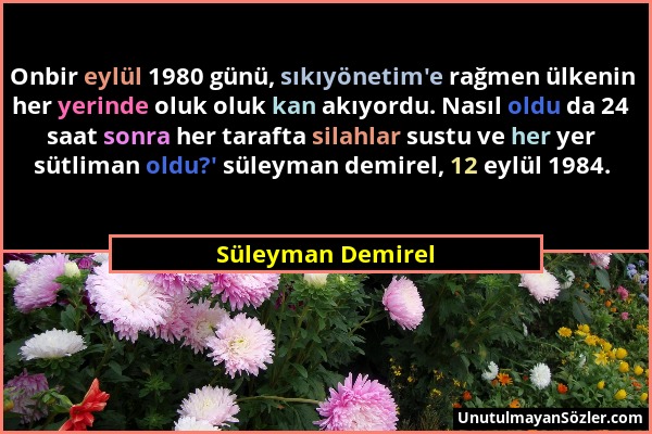 Süleyman Demirel - Onbir eylül 1980 günü, sıkıyönetim'e rağmen ülkenin her yerinde oluk oluk kan akıyordu. Nasıl oldu da 24 saat sonra her tarafta sil...