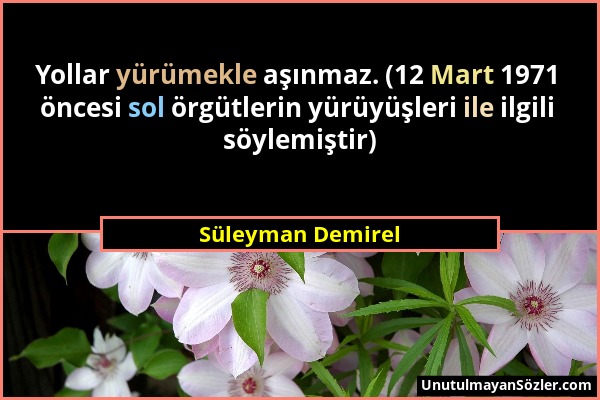 Süleyman Demirel - Yollar yürümekle aşınmaz. (12 Mart 1971 öncesi sol örgütlerin yürüyüşleri ile ilgili söylemiştir)...