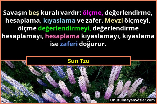 Sun Tzu - Savaşın beş kuralı vardır: ölçme, değerlendirme, hesaplama, kıyaslama ve zafer. Mevzi ölçmeyi, ölçme değerlendirmeyi, değerlendirme hesaplam...