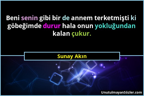 Sunay Akın - Beni senin gibi bir de annem terketmişti ki göbeğimde durur hala onun yokluğundan kalan çukur....