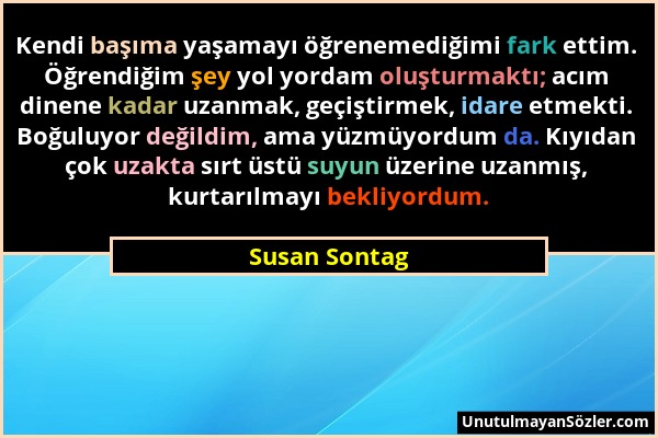 Susan Sontag - Kendi başıma yaşamayı öğrenemediğimi fark ettim. Öğrendiğim şey yol yordam oluşturmaktı; acım dinene kadar uzanmak, geçiştirmek, idare...