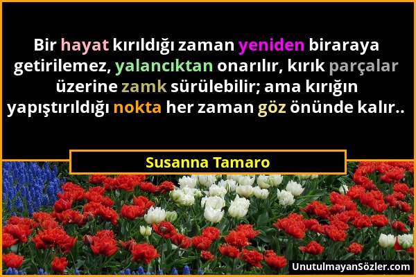 Susanna Tamaro - Bir hayat kırıldığı zaman yeniden biraraya getirilemez, yalancıktan onarılır, kırık parçalar üzerine zamk sürülebilir; ama kırığın ya...