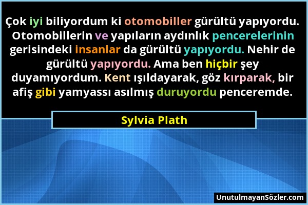 Sylvia Plath - Çok iyi biliyordum ki otomobiller gürültü yapıyordu. Otomobillerin ve yapıların aydınlık pencerelerinin gerisindeki insanlar da gürültü...