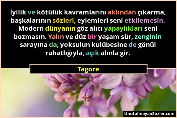 Tagore - İyilik ve kötülük kavramlarını aklından çıkarma, başkalarının sözleri, eylemleri seni etkilemesin. Modern dünyanın göz alıcı yapaylıkları sen...