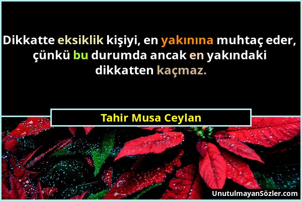 Tahir Musa Ceylan - Dikkatte eksiklik kişiyi, en yakınına muhtaç eder, çünkü bu durumda ancak en yakındaki dikkatten kaçmaz....