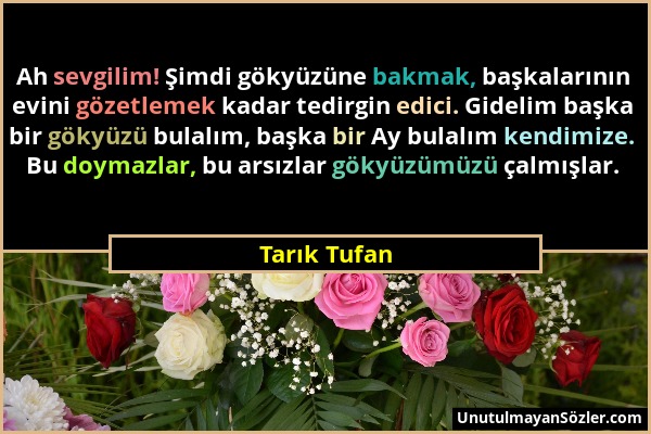 Tarık Tufan - Ah sevgilim! Şimdi gökyüzüne bakmak, başkalarının evini gözetlemek kadar tedirgin edici. Gidelim başka bir gökyüzü bulalım, başka bir Ay...