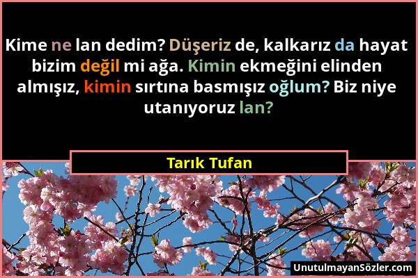 Tarık Tufan - Kime ne lan dedim? Düşeriz de, kalkarız da hayat bizim değil mi ağa. Kimin ekmeğini elinden almışız, kimin sırtına basmışız oğlum? Biz n...