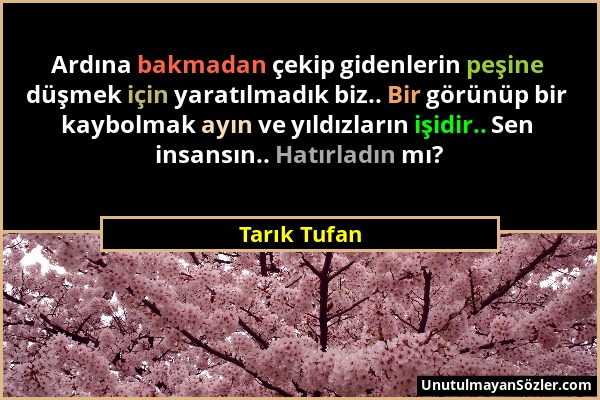 Tarık Tufan - Ardına bakmadan çekip gidenlerin peşine düşmek için yaratılmadık biz.. Bir görünüp bir kaybolmak ayın ve yıldızların işidir.. Sen insans...