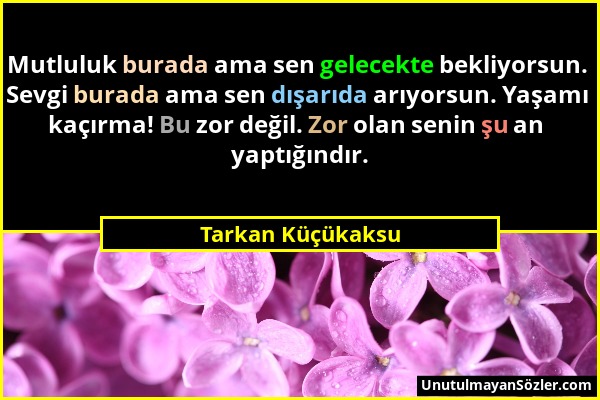 Tarkan Küçükaksu - Mutluluk burada ama sen gelecekte bekliyorsun. Sevgi burada ama sen dışarıda arıyorsun. Yaşamı kaçırma! Bu zor değil. Zor olan seni...