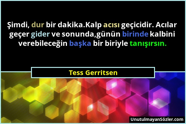 Tess Gerritsen - Şimdi, dur bir dakika.Kalp acısı geçicidir. Acılar geçer gider ve sonunda,günün birinde kalbini verebileceğin başka bir biriyle tanış...