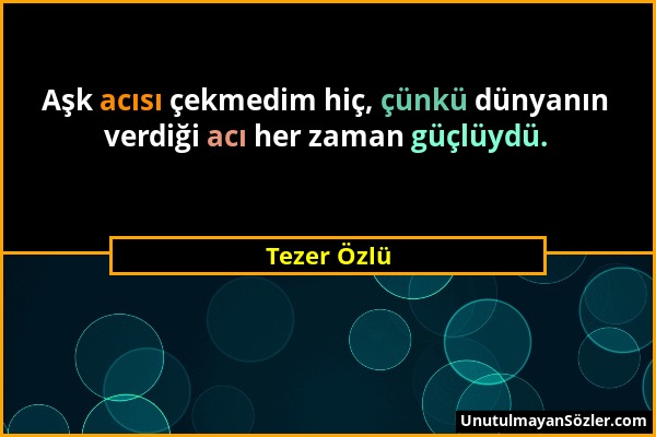 Tezer Özlü - Aşk acısı çekmedim hiç, çünkü dünyanın verdiği acı her zaman güçlüydü....