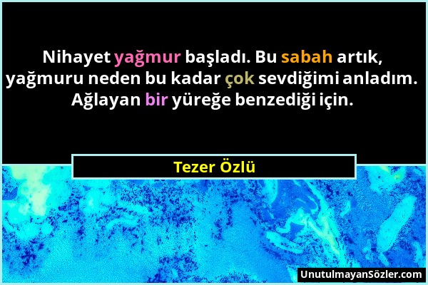 Tezer Özlü - Nihayet yağmur başladı. Bu sabah artık, yağmuru neden bu kadar çok sevdiğimi anladım. Ağlayan bir yüreğe benzediği için....