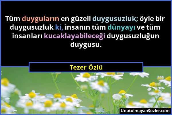 Tezer Özlü - Tüm duyguların en güzeli duygusuzluk; öyle bir duygusuzluk ki, insanın tüm dünyayı ve tüm insanları kucaklayabileceği duygusuzluğun duygu...