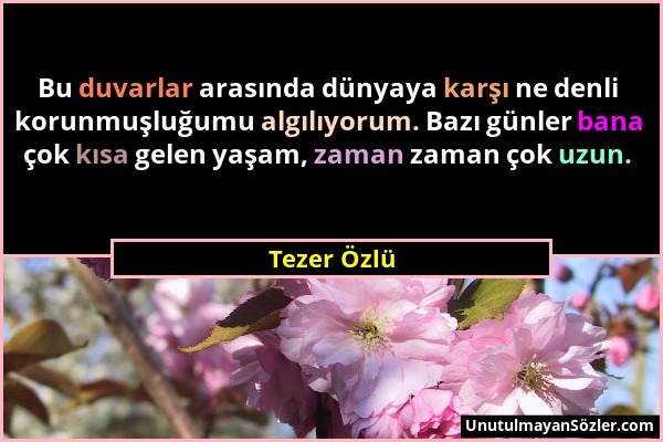 Tezer Özlü - Bu duvarlar arasında dünyaya karşı ne denli korunmuşluğumu algılıyorum. Bazı günler bana çok kısa gelen yaşam, zaman zaman çok uzun....