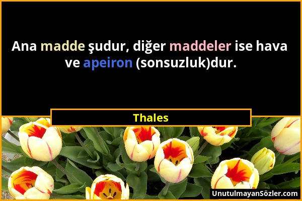 Thales - Ana madde şudur, diğer maddeler ise hava ve apeiron (sonsuzluk)dur....