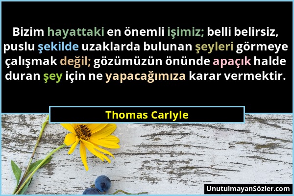 Thomas Carlyle - Bizim hayattaki en önemli işimiz; belli belirsiz, puslu şekilde uzaklarda bulunan şeyleri görmeye çalışmak değil; gözümüzün önünde ap...