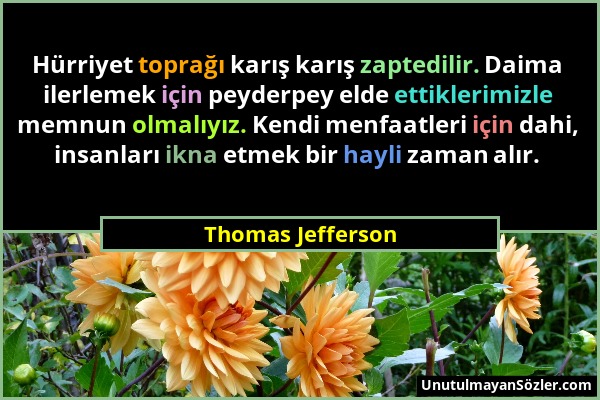 Thomas Jefferson - Hürriyet toprağı karış karış zaptedilir. Daima ilerlemek için peyderpey elde ettiklerimizle memnun olmalıyız. Kendi menfaatleri içi...