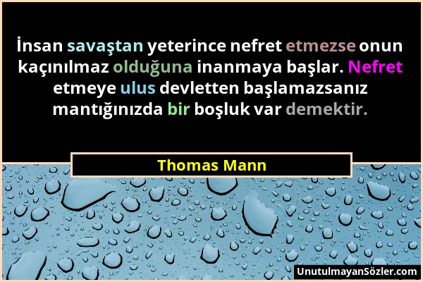 Thomas Mann - İnsan savaştan yeterince nefret etmezse onun kaçınılmaz olduğuna inanmaya başlar. Nefret etmeye ulus devletten başlamazsanız mantığınızd...