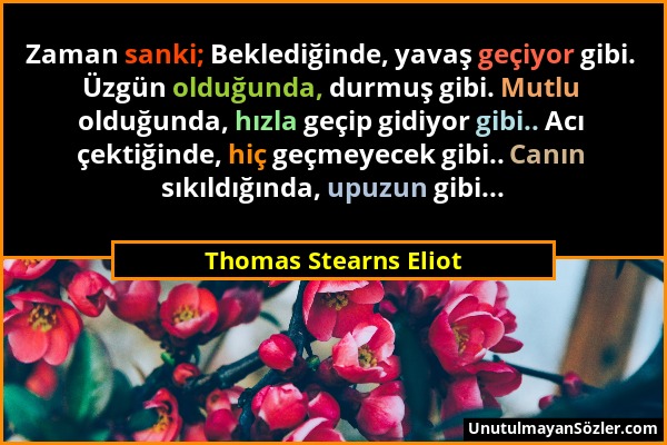 Thomas Stearns Eliot - Zaman sanki; Beklediğinde, yavaş geçiyor gibi. Üzgün olduğunda, durmuş gibi. Mutlu olduğunda, hızla geçip gidiyor gibi.. Acı çe...