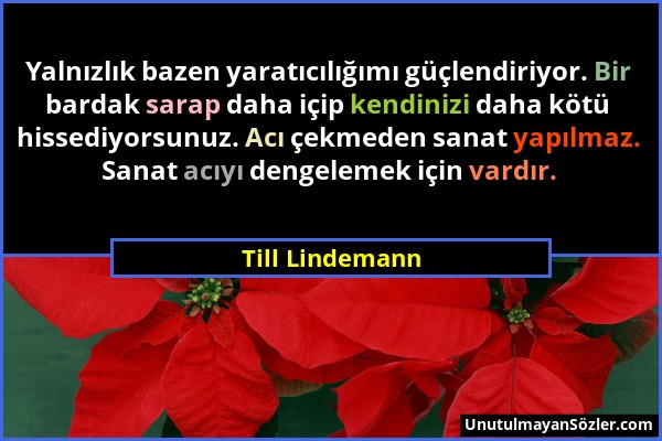 Till Lindemann - Yalnızlık bazen yaratıcılığımı güçlendiriyor. Bir bardak sarap daha içip kendinizi daha kötü hissediyorsunuz. Acı çekmeden sanat yapı...