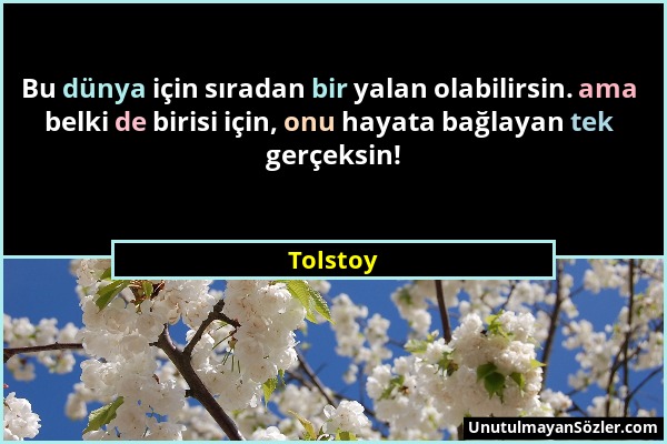 Tolstoy - Bu dünya için sıradan bir yalan olabilirsin. ama belki de birisi için, onu hayata bağlayan tek gerçeksin!...