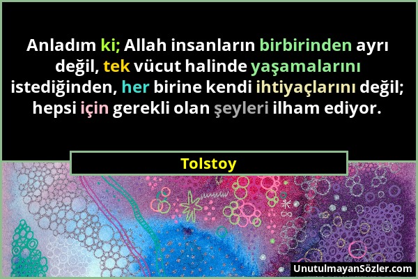 Tolstoy - Anladım ki; Allah insanların birbirinden ayrı değil, tek vücut halinde yaşamalarını istediğinden, her birine kendi ihtiyaçlarını değil; heps...