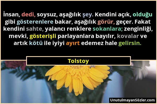 Tolstoy - İnsan, dedi, soysuz, aşağılık şey. Kendini açık, olduğu gibi gösterenlere bakar, aşağılık görür, geçer. Fakat kendini sahte, yalancı renkler...