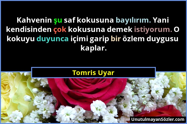 Tomris Uyar - Kahvenin şu saf kokusuna bayılırım. Yani kendisinden çok kokusuna demek istiyorum. O kokuyu duyunca içimi garip bir özlem duygusu kaplar...