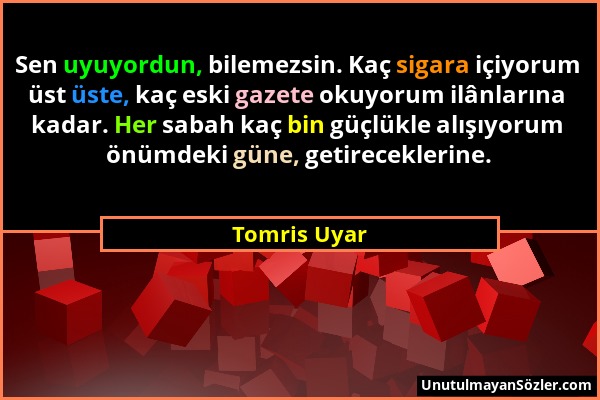 Tomris Uyar - Sen uyuyordun, bilemezsin. Kaç sigara içiyorum üst üste, kaç eski gazete okuyorum ilânlarına kadar. Her sabah kaç bin güçlükle alışıyoru...