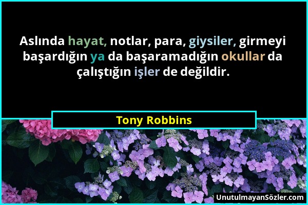 Tony Robbins - Aslında hayat, notlar, para, giysiler, girmeyi başardığın ya da başaramadığın okullar da çalıştığın işler de değildir....