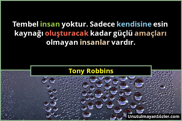 Tony Robbins - Tembel insan yoktur. Sadece kendisine esin kaynağı oluşturacak kadar güçlü amaçları olmayan insanlar vardır....