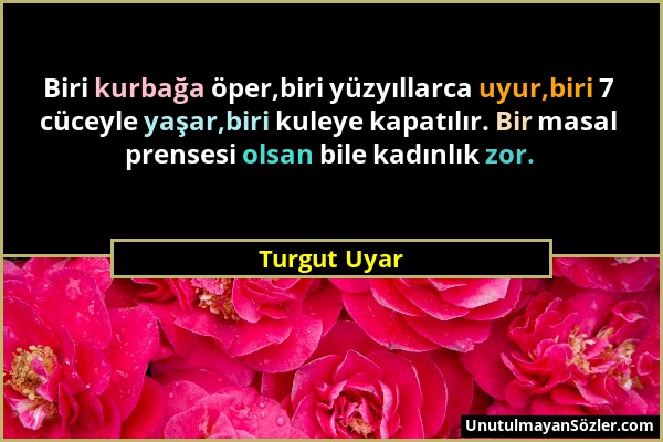 Turgut Uyar - Biri kurbağa öper,biri yüzyıllarca uyur,biri 7 cüceyle yaşar,biri kuleye kapatılır. Bir masal prensesi olsan bile kadınlık zor....