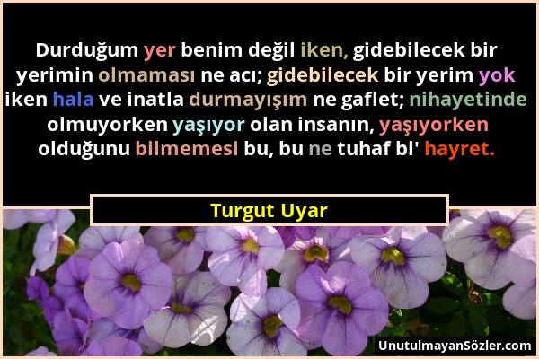 Turgut Uyar - Durduğum yer benim değil iken, gidebilecek bir yerimin olmaması ne acı; gidebilecek bir yerim yok iken hala ve inatla durmayışım ne gafl...