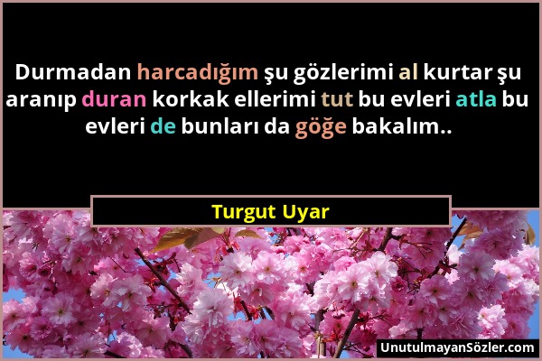 Turgut Uyar - Durmadan harcadığım şu gözlerimi al kurtar şu aranıp duran korkak ellerimi tut bu evleri atla bu evleri de bunları da göğe bakalım.....