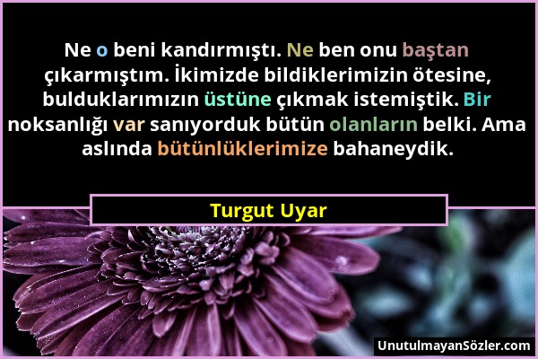 Turgut Uyar - Ne o beni kandırmıştı. Ne ben onu baştan çıkarmıştım. İkimizde bildiklerimizin ötesine, bulduklarımızın üstüne çıkmak istemiştik. Bir no...