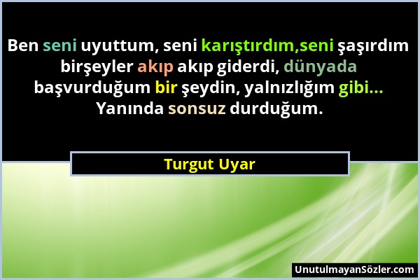 Turgut Uyar - Ben seni uyuttum, seni karıştırdım,seni şaşırdım birşeyler akıp akıp giderdi, dünyada başvurduğum bir şeydin, yalnızlığım gibi... Yanınd...