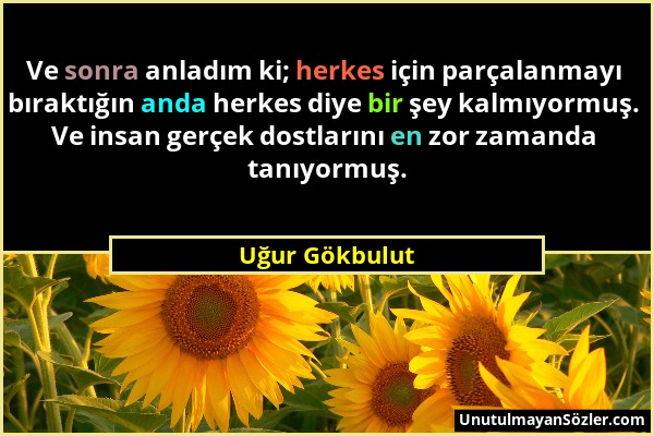 Uğur Gökbulut - Ve sonra anladım ki; herkes için parçalanmayı bıraktığın anda herkes diye bir şey kalmıyormuş. Ve insan gerçek dostlarını en zor zaman...