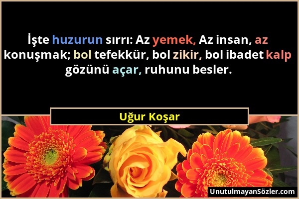 Uğur Koşar - İşte huzurun sırrı: Az yemek, Az insan, az konuşmak; bol tefekkür, bol zikir, bol ibadet kalp gözünü açar, ruhunu besler....