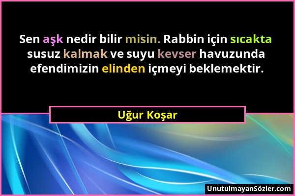 Uğur Koşar - Sen aşk nedir bilir misin. Rabbin için sıcakta susuz kalmak ve suyu kevser havuzunda efendimizin elinden içmeyi beklemektir....